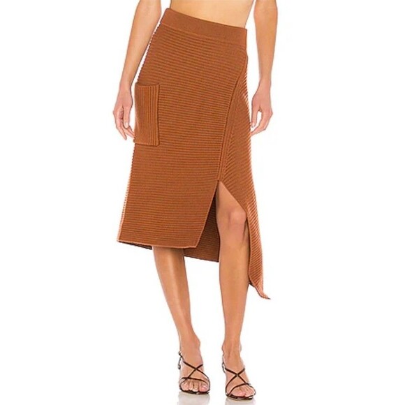 TIBI Origami Camel Merino Wool Rib Knit Midi Skirt Size Small Asymmetrical - Picture 1 of 10